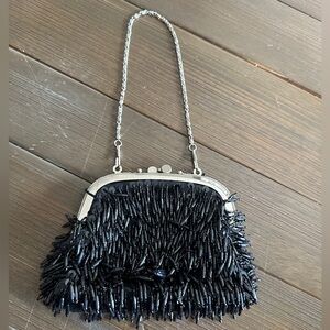 Vintage black oval bead beaded bag with dangling beads and silver shoulder strap